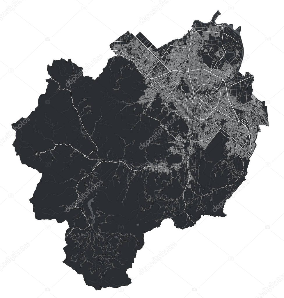 Sapporo city map. Detailed vector map of Sapporo administrative area, land poster metropolitan aria view. Black land with white streets, roads and avenues. White background.