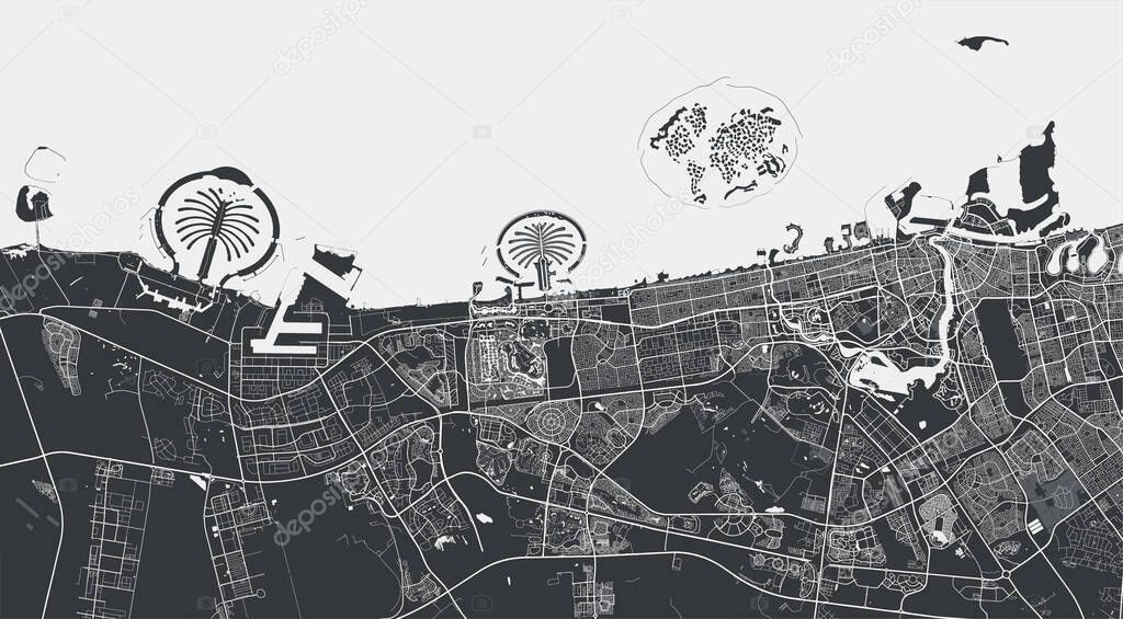 Dubai vector map. Detailed vector map of Dubai city administrative area. Cityscape poster metropolitan aria view. Black land with white streets, roads and avenues. White background.