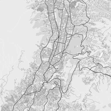Quito 'nun şehir haritası. Vektör illüstrasyonu, Quito haritası gri tonlu sanat posteri. Yollu sokak haritası, metropol şehir manzaralı.