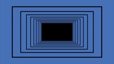 Tüneldeki siyah dikdörtgen boyunca sonsuzluk uçuşu. Kusursuz geometrik desen, mavi arkaplan. Metin için alanı olan soyut koridor hareketi. 4k, HD, döngülenmiş animasyon.