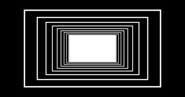 黒のトンネルの白い長方形を通る無限飛行 シームレスな幾何学模様 テキストのための空間を持つ抽象的な廊下運動 ループアニメーション — ストック動画
