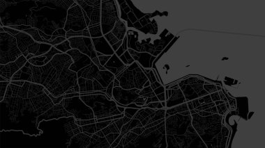Koyu siyah Rio de Janeiro şehri vektör arkaplan haritası, sokaklar ve su haritası çizimi. Geniş ekran oranı, dijital düz tasarım sokak haritası.