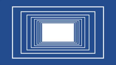 Tüneldeki beyaz dikdörtgen boyunca sonsuz uçuş. Kusursuz geometrik desen, mavi arkaplan. Metin için alanı olan soyut koridor hareketi. 4k, HD, döngülenmiş animasyon.