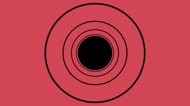 无限飞行通过黑环隧道 无缝几何图案 红色背景 抽象的走廊运动与文字的空间 循环动画 — 图库视频影像