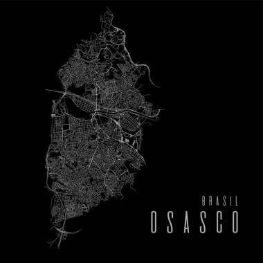 Osasco şehri vektör haritası posteri. Brezilya belediyesinin doğrusal sokak haritası, idari belediye alanı, siyah arkaplanda beyaz çizgiler, başlık.