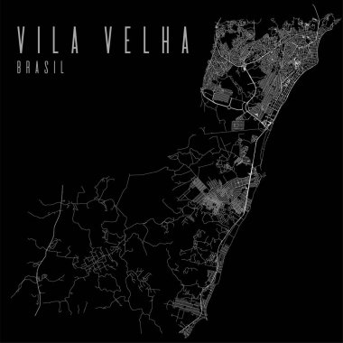 Vila Velha şehir vektör haritası posteri. Brezilya belediyesinin doğrusal sokak haritası, idari belediye alanı, siyah arkaplanda beyaz çizgiler, başlık.