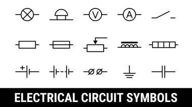 Elektrik devresi sembolleri ayarlandı. Düz simgeler. Lamba, Ammetre ve voltmetre, çan, terminal, direnç ve hücre pili, ısıtma elementi, elektromıknatıs, fünye, roostat ve kapasitör