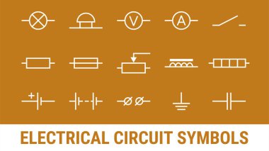 Electrical circuit symbols set. White Flat icons elements on orange background. Lamp, Ammeter and voltmeter, bell, terminal, resistor and cell battery, heating element, electromagnet, fuse. clipart