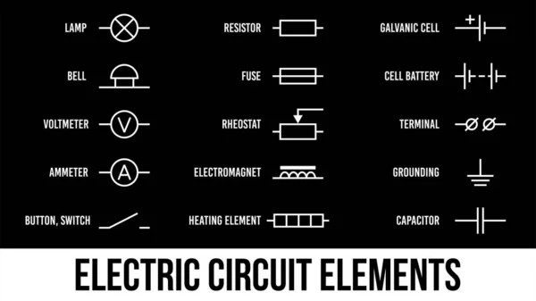 Набір Елементів Електричної Схеми Білі Піктограми Символи Заголовками Лампа Амперметр — стоковий вектор
