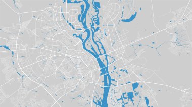 River map vector illustration. Dnieper river map, Kyiv city, Ukraine. Watercourse, water flow, blue on grey background road map. Detailed silhouette.