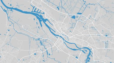 River map vector illustration. Weser river map, Bremen city, Germany. Watercourse, water flow, blue on grey background road map. Detailed silhouette.