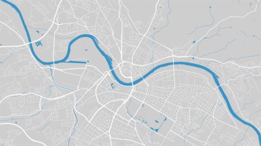 River map vector illustration. Elbe river map, Dresden city, Germany. Watercourse, water flow, blue on grey background road map. Detailed silhouette.