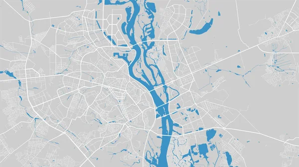 River map vector illustration. Dnieper river map, Kyiv city, Ukraine. Watercourse, water flow, blue on grey background road map. Detailed silhouette.
