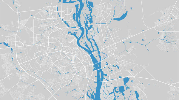 River map vector illustration. Dnieper river map, Kyiv city, Ukraine. Watercourse, water flow, blue on grey background road map. Detailed silhouette.
