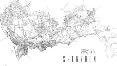 Shenzhen şehri vektör haritası posteri. Çin belediyesinin doğrusal sokak haritası, idari belediye alanı, beyaz arka planda siyah çizgiler, başlık.