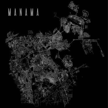 Manama şehri vektör haritası posteri. Bahreyn belediyesinin başkenti doğrusal yol haritası, idari belediye alanı, siyah arkaplanda beyaz çizgiler, başlık.