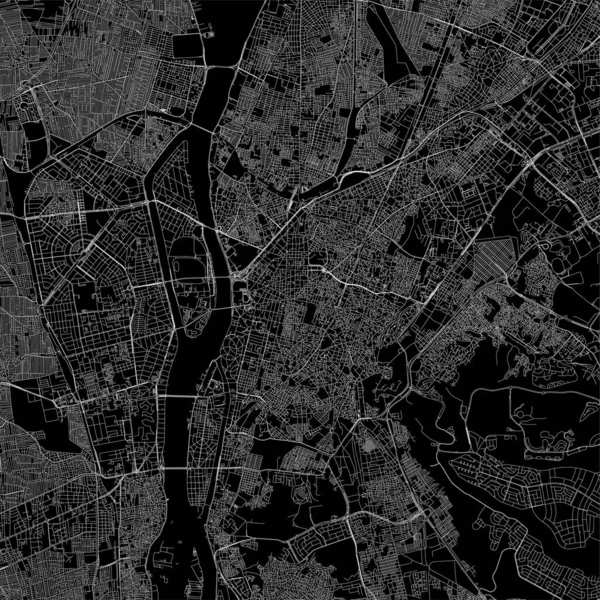 カイロ市のベクトルマップポスター エジプトの首都地方自治体の正方形の線形道路地図 行政区 黒の背景に白い線 — ストックベクタ