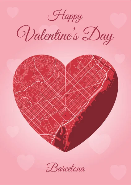 Kalp Şeklinde Barselona Haritalı Sevgililer Günü Kartınız Kutlu Olsun Romantik — Stok Vektör