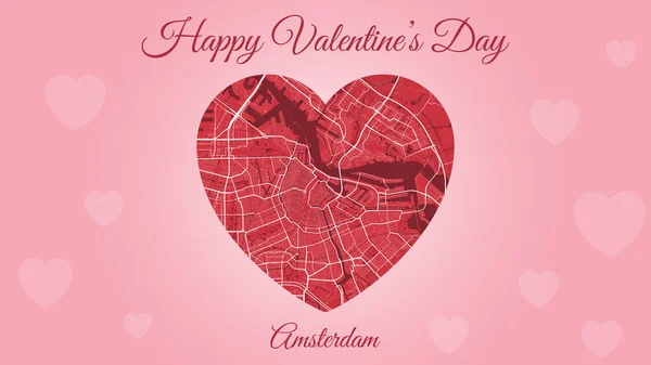 Happy Valentinstag Horizontale Urlaubskarte Mit Amsterdam Karte Herzform Abbildung Des — Stockvektor