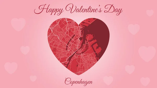 발렌타인데이 모양의 코펜하겐 지도와 빨간색 빨간색 일러스트 사랑하는 — 스톡 벡터