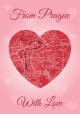 Aşk kartıyla Prag 'dan, şehir haritası kalp şeklinde. Dikey A4 Pembe ve kırmızı renk vektör çizimi. Aşk şehri şehir manzarası.