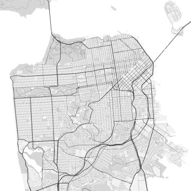 San Francisco 'nun vektör haritası. Kentsel gri tonlama posteri. Büyük şehir manzaralı yol haritası.