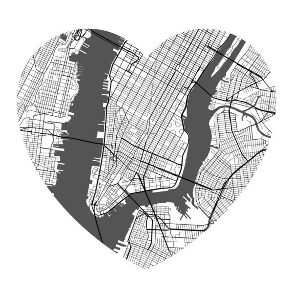 Mapa Wektora Nowego Jorku Kształcie Serca Czarno Białe Kolory Ilustracji — Wektor stockowy