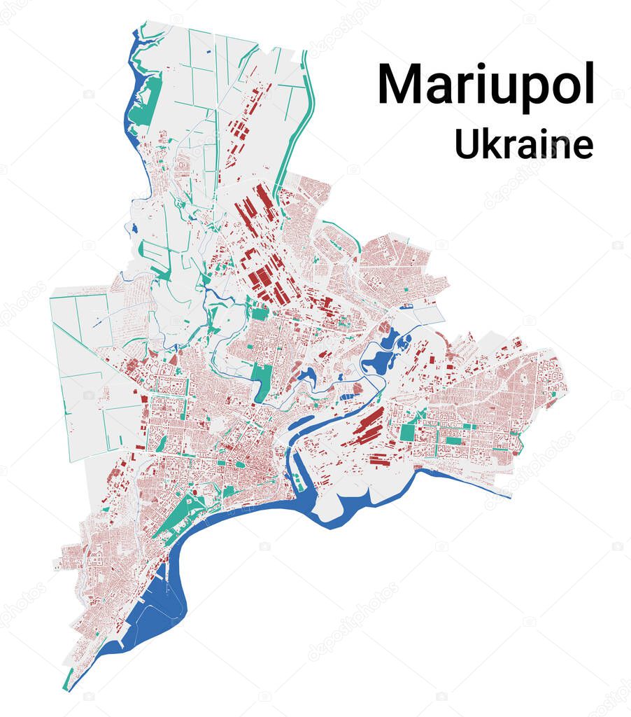 Mariupol vector map. Detailed map of Mariupol city administrative area. Cityscape panorama. Road Map with buildings, water, forest. Tourist decorative map.