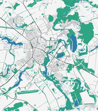 Sumy vektör haritası. Sumy şehri yönetim bölgesinin detaylı haritası. Şehir manzarası manzarası. Kraliyetten bağımsız vektör çizimi. Karayolları ve nehirlerle yol haritası.