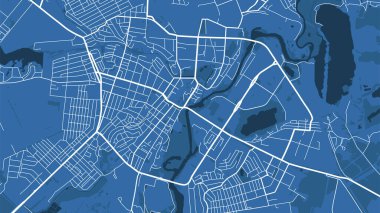 Sumy şehrinin idari alanının detaylı vektör haritası. Mavi gökyüzü manzarası. Sumy bölgesinin dekoratif grafik turist haritası. Telif hakkı serbest vektör illüstrasyonu.