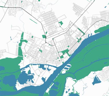 Kherson vektör haritası. Kherson şehrinin idari alanının detaylı haritası. Şehir manzarası manzarası. Kraliyetten bağımsız vektör çizimi. Karayolları ve nehirlerle yol haritası.
