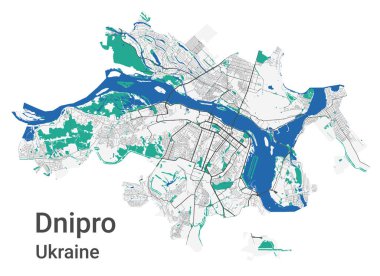Dnipro vektör haritası. Dnipro şehir yönetim bölgesinin detaylı haritası. Şehir manzarası manzarası. Kraliyetten bağımsız vektör çizimi. Karayolları ve nehirlerle yol haritası.