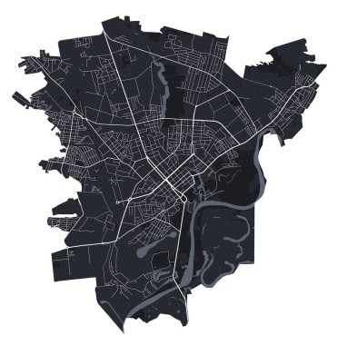 Chernihiv vektör haritası. Chernihiv şehrinin idari alanının detaylı vektör haritası. Şehir Posteri Arya Manzarası. Beyaz yolları ve caddeleri olan siyah topraklar. Beyaz arkaplan.