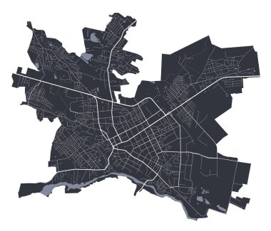 Zhytomyr vektör haritası. Zhytomyr şehrinin idari alanının detaylı vektör haritası. Şehir Posteri Arya Manzarası. Beyaz yolları ve caddeleri olan siyah topraklar. Beyaz arkaplan.