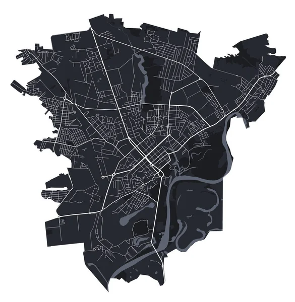 チェルニヒウベクターマップ チェルニヒフ市行政区の詳細なベクトルマップ 都市景観ポスター大都市のアリアビュー 白い道路や道路と黒の土地 — ストックベクタ