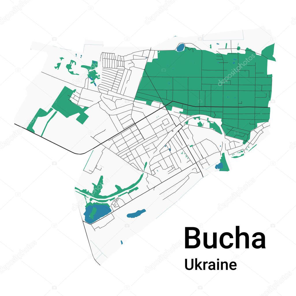 Bucha vector map. Detailed map of Bucha city administrative area. Cityscape panorama. Royalty free vector illustration. Road map with highways, rivers.