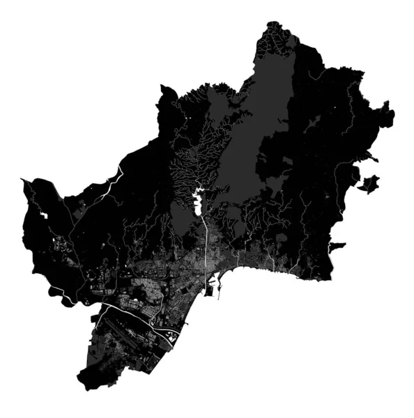 马拉加地图马拉加市行政区划的详细矢量图 城市景观海报都市地图集 有白色街道 道路和大道的黑色土地 白人背景 — 图库矢量图片