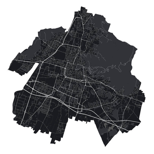 Brescia vector map. Detailed vector map of Brescia city administrative area. Cityscape poster metropolitan aria view. Black land with white buildings, water, forest. White background.