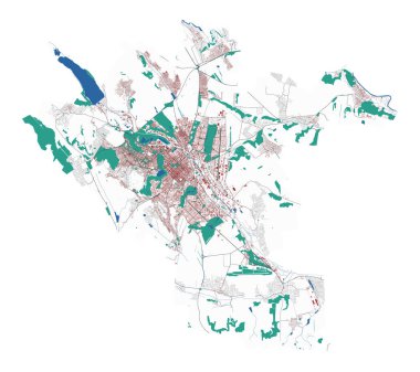 Chisinau vektör haritası. Chisinau şehir yönetim bölgesinin detaylı haritası. Şehir manzarası manzarası. Kraliyetten bağımsız vektör çizimi. Binalar, su ve ormanlarla dolu bir harita. Turist dekoratif sokak haritası.