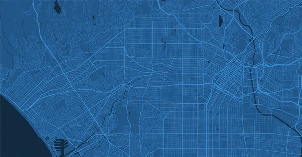 ダークブルーロサンゼルス市周辺のベクトルの背景マップ 通りや水の地図イラスト ワイドスクリーン比率 デジタルフラットデザインストリートマップ — ストックベクタ