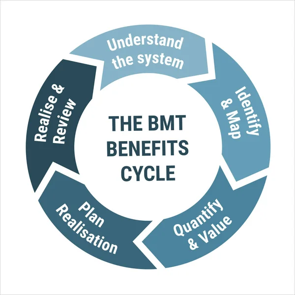 Bmt福利周期计划 具有系统理解 识别和映射 量化和值 计划实现和评审的方法圆形图 白色背景矢量图上的蓝色 — 图库矢量图片