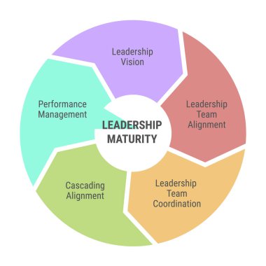 Liderlik olgunluk çemberi diyagramı. Beş oklu bir bilgi. Görüş, takım hizası, koordinasyon ve performans yönetimi. Beyaz arkaplanda çok renkli.