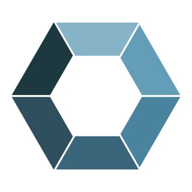 Altıgen bilgi şablonu simgesi. Grafiksel sembol düzeni, beyaz arkaplanda mavi. 6 ayrı adım diyagramı. Basit çok renkli düz tasarım vektör çizimi.