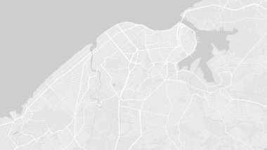 Beyaz ve açık gri Havana şehri vektör arkaplan haritası, yollar ve su çizimleri. Geniş ekran oranı, dijital düz tasarım yol haritası.