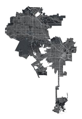 Los Angeles vektör haritası. Los Angeles idari bölgesinin detaylı vektör haritası. Şehir Posteri Arya Manzarası. Beyaz sokakları, yolları ve caddeleri olan siyah topraklar. Beyaz arkaplan.