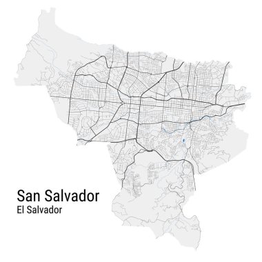 San Salvador vektör haritası. San Salvador şehir yönetim bölgesinin detaylı haritası. Şehir manzarası manzarası. Kraliyetten bağımsız vektör çizimi. Karayolları ve nehirlerle yol haritası.