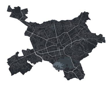 Tiran vektör haritası. Tiran şehir idari bölgesinin ayrıntılı vektör haritası. Şehir Posteri Arya Manzarası. Beyaz sokakları, yolları ve caddeleri olan siyah topraklar. Beyaz arkaplan.