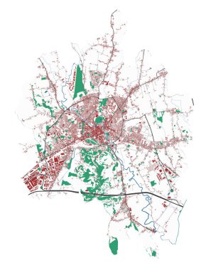 Vicenza vektör haritası. Vicenza 'nın idari alanının detaylı haritası. Şehir manzarası manzarası. Kraliyetten bağımsız vektör çizimi. Binalar, su ve ormanlarla dolu bir harita. Turist dekoratif sokak haritası.