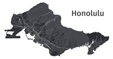 Honolulu vektör haritası. Honolulu idari bölgesinin detaylı vektör haritası. Şehir Posteri Arya Manzarası. Beyaz sokakları, yolları ve caddeleri olan siyah topraklar. Beyaz arkaplan.