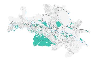 Üsküp vektör haritası. Üsküp şehir idari bölgesinin ayrıntılı haritası. Şehir manzarası manzarası. Kraliyetten bağımsız vektör çizimi. Karayolları ve nehirlerle yol haritası.